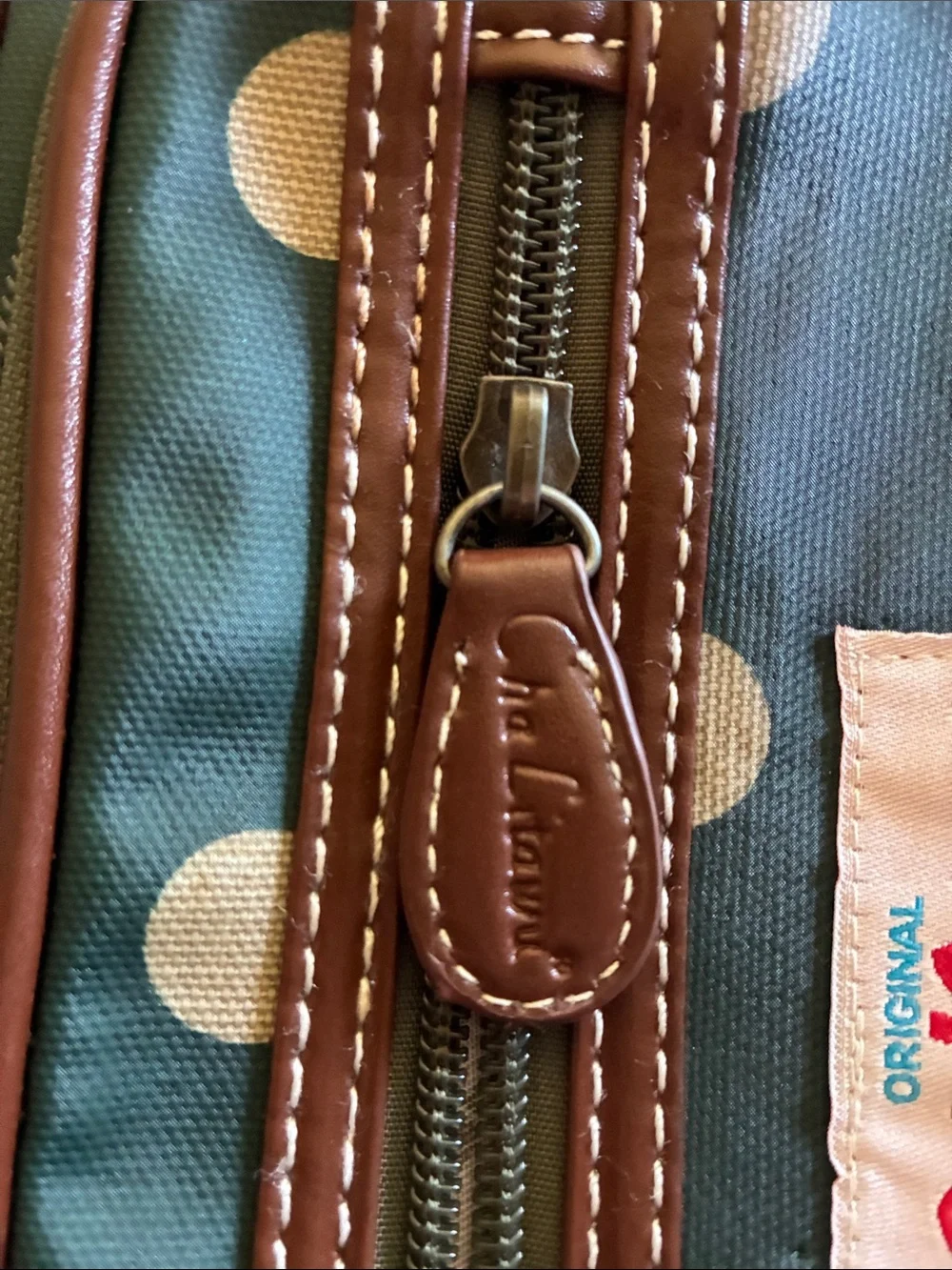 Cath Kidston Green Polka Dot Messenger Bag with Brown Trim